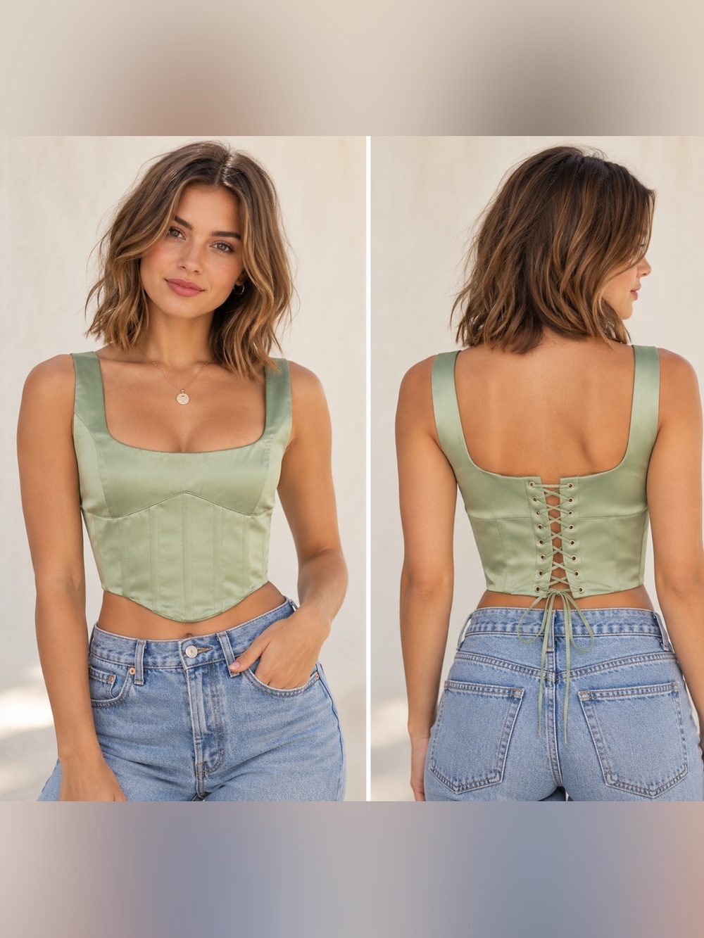 Danielle Guizio Womenโs XS Green Satin Corset Crop Top